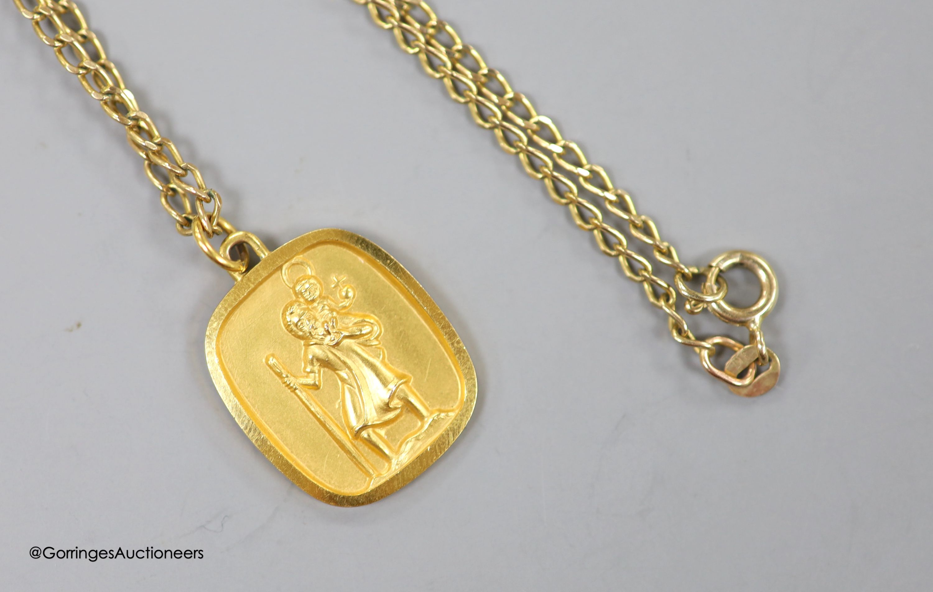 A 9ct yellow gold St Christopher pendant on 9ct yellow gold chain, 9.1g